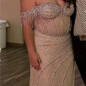 Unk Off-Shoulder Beige Dress with Silver Details